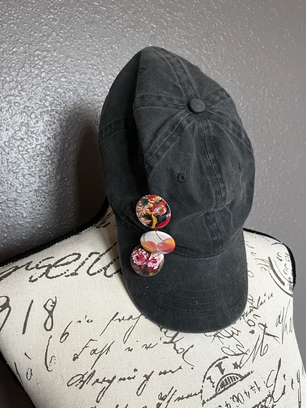Onepiece Black/Charcoal Baseball Cap with Decorative Pins